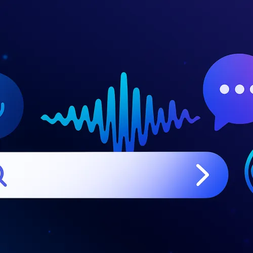 Stylised search bar flanked by microphone, voice waveform, chat bubble and AI icon—representing SEO, AEO and GEO.
